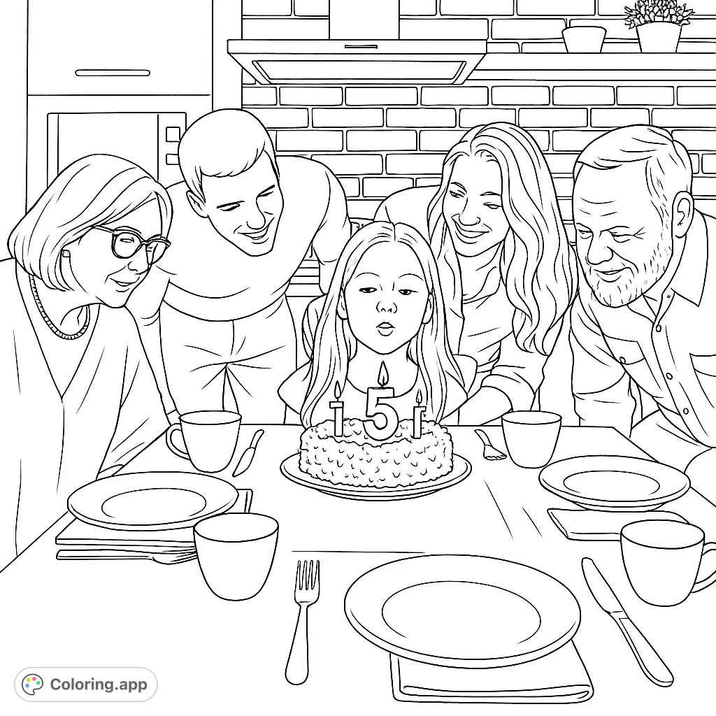 A heartwarming birthday celebration coloring page featuring a girl blowing out candles surrounded by her loving family. Perfect for all ages!