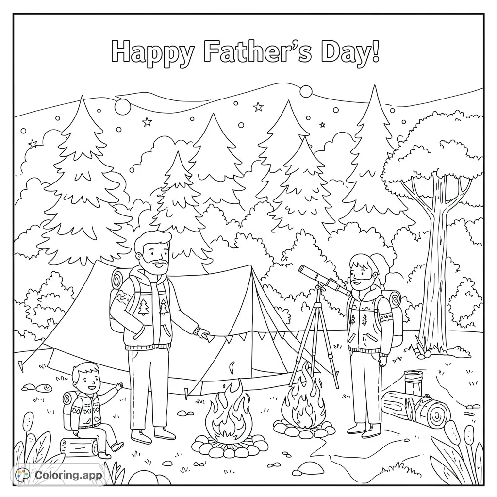 An adventurous family camping coloring page featuring a father, children, tent, campfires, and a telescope under a starry sky. Free printable fun!