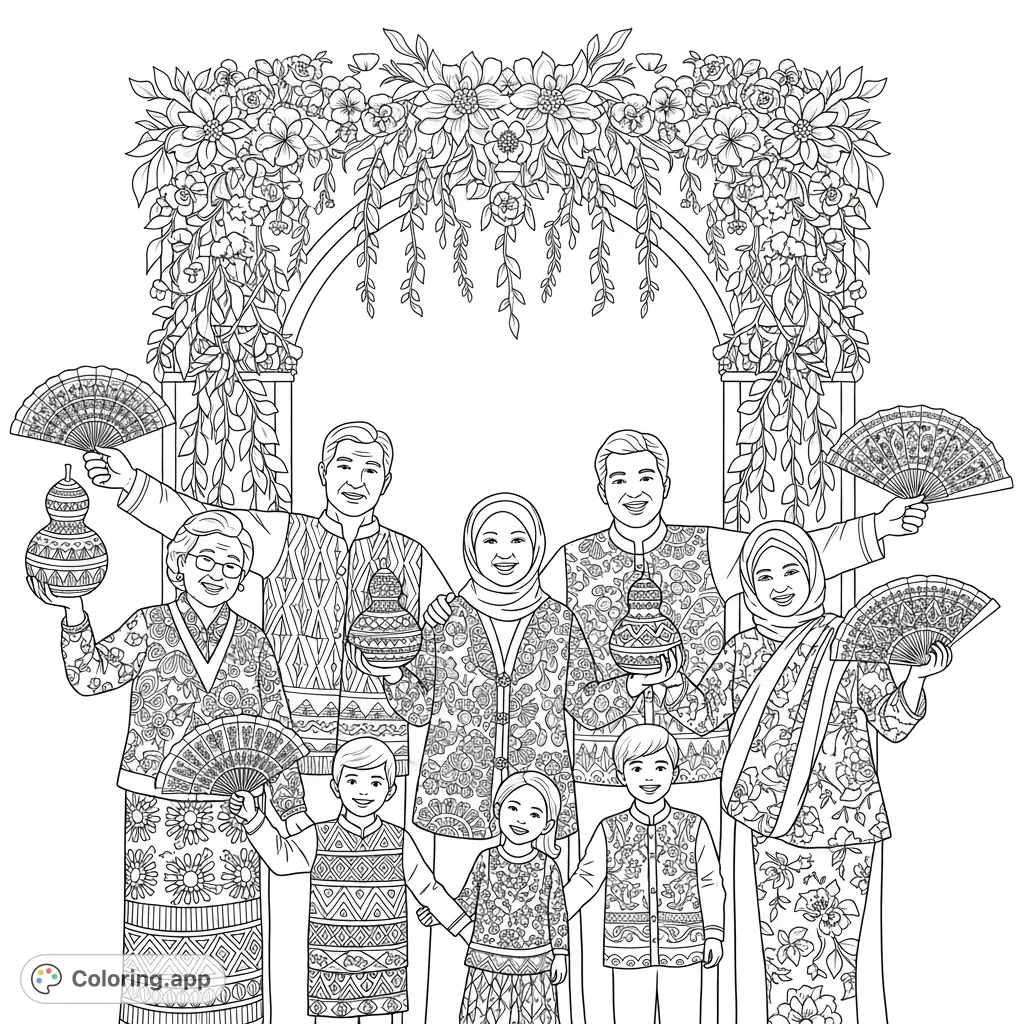 A joyous family, dressed in coordinated African print outfits with metallic accents, celebrates under a grand floral archway, holding gourds and fans.