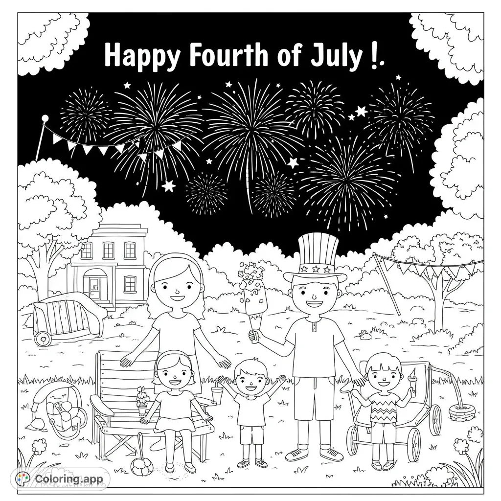 A joyful family celebrates Fourth of July with dazzling fireworks, a festive backyard scene, and patriotic spirit. A free printable coloring page.