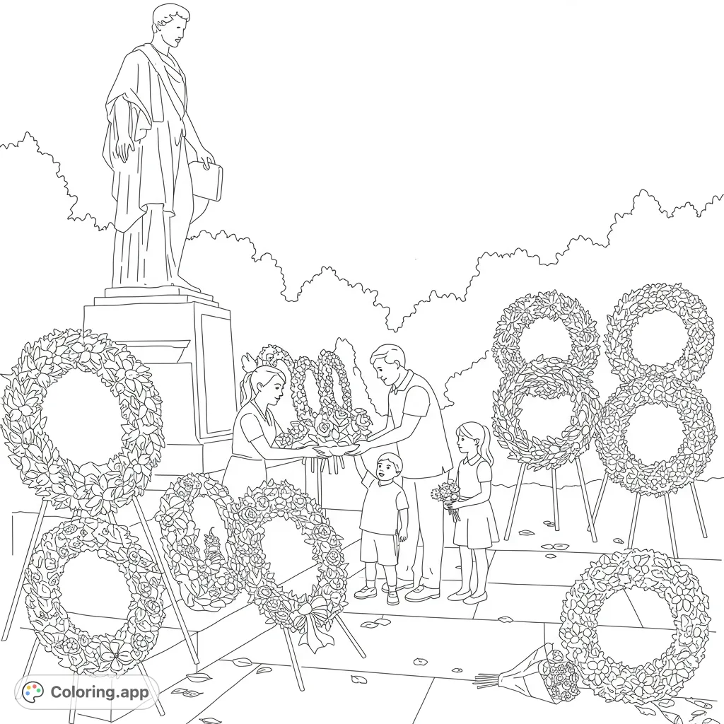 A family honors history by placing wreaths and flowers at a statue, featuring intricate details and a touching scene for a meaningful coloring experience.