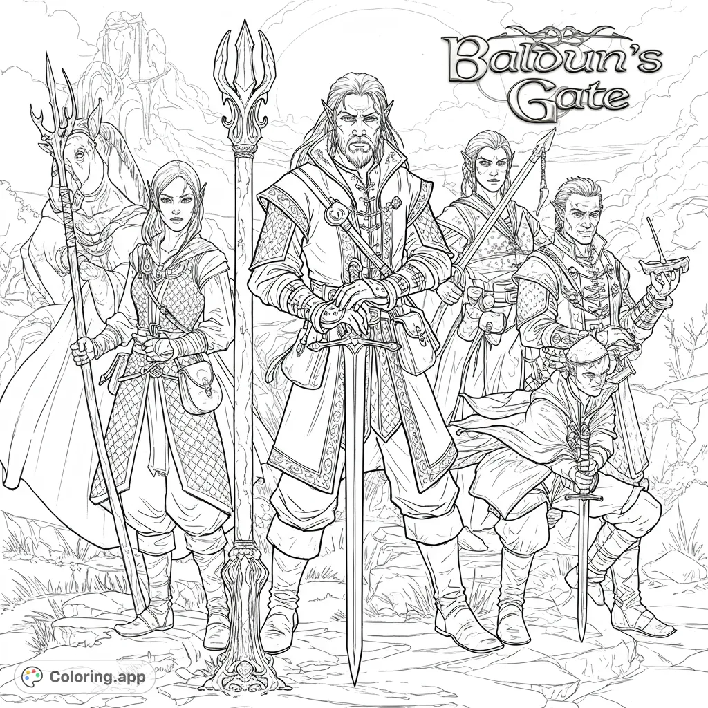 Epic fantasy adventure coloring page featuring a diverse group of heroic characters with intricate details, perfect for fans of role-playing games and quests.