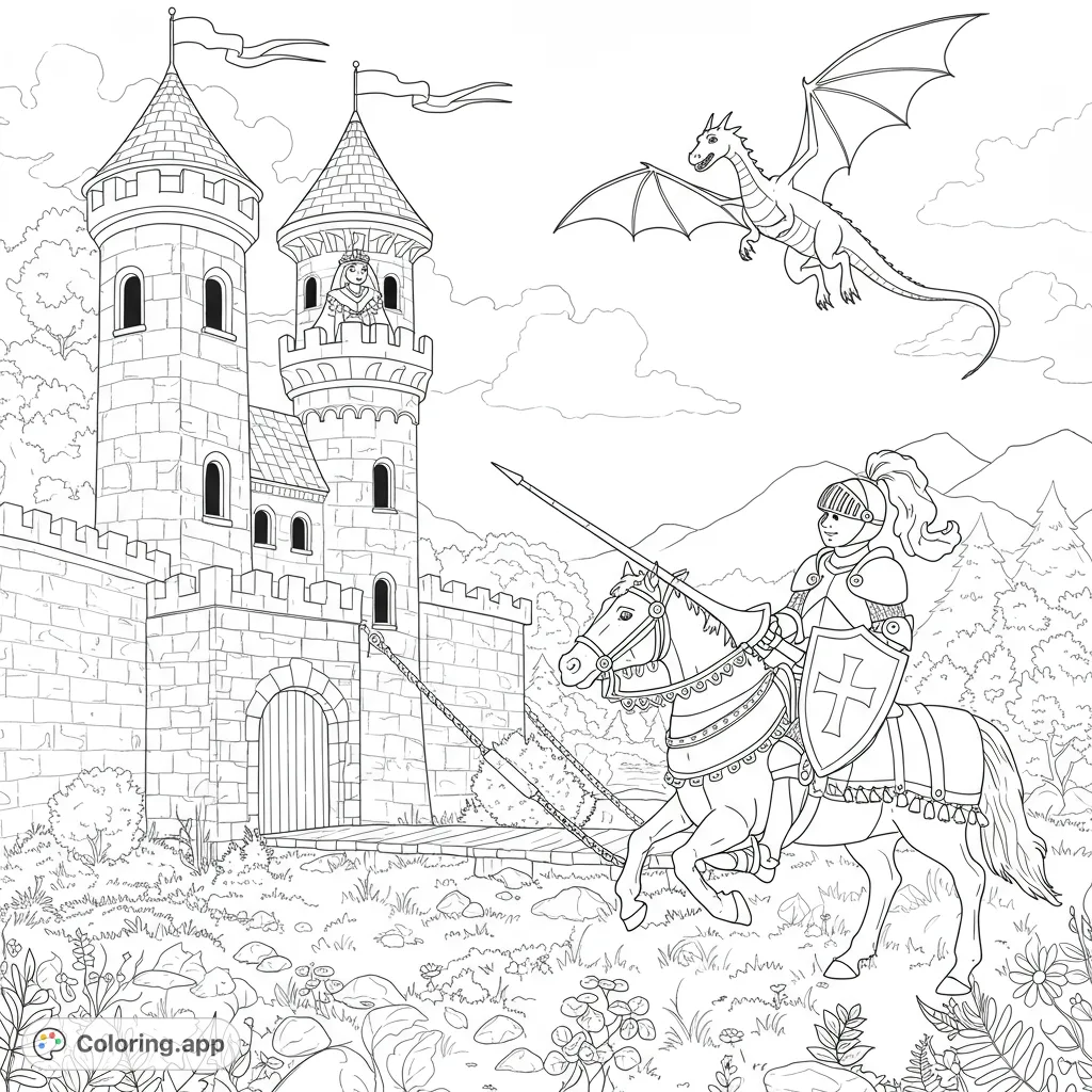 A brave knight on horseback, a majestic castle with a princess, and a flying dragon in a detailed fantasy scene, perfect for adventure lovers.