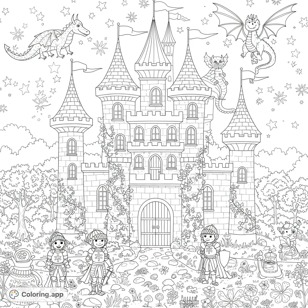 A grand fantasy castle with brave knights, playful dragons, and a magical starry sky. A free printable coloring page for all ages.