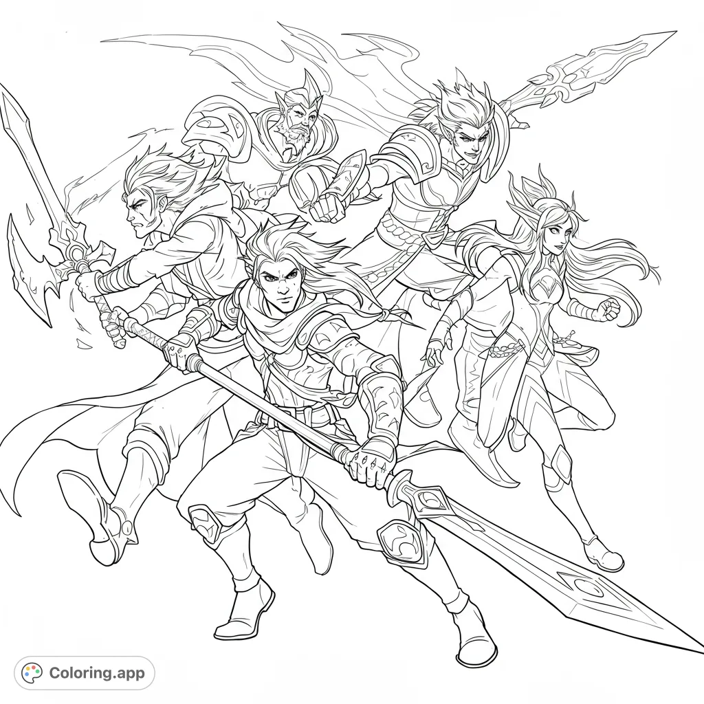 Dynamic fantasy heroes with swords and magic, ready for adventure. A free printable coloring page for all ages, perfect for epic coloring fun!