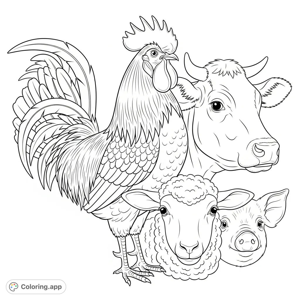 Discover a charming farm animal portraits coloring page, featuring a proud rooster, a gentle cow, a fluffy sheep, and a curious pig in a composite scene.