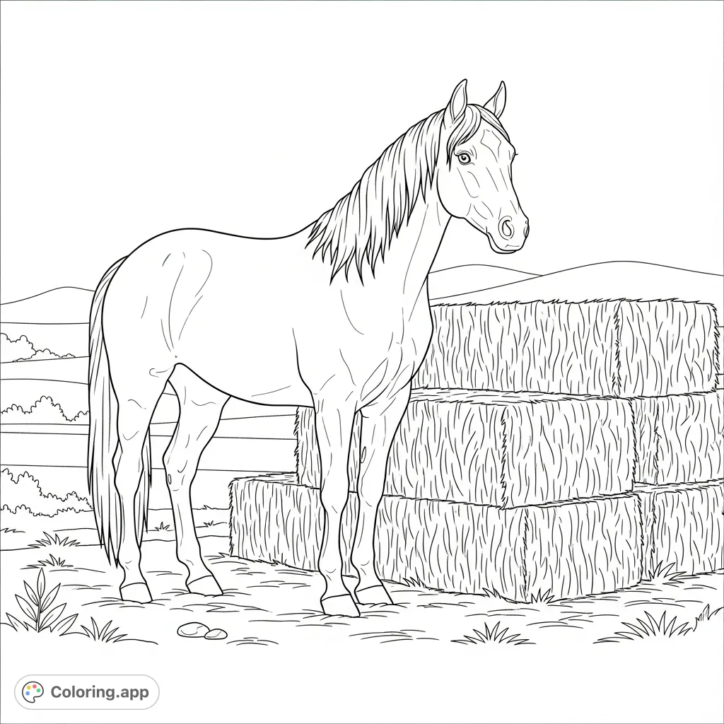 A majestic horse stands gracefully beside a stack of hay bales in a peaceful farm setting. This detailed coloring page invites a touch of rustic charm.