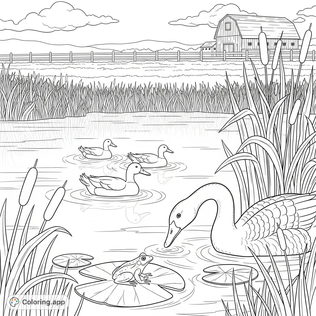 A charming farm pond scene with ducks, a goose, and a frog on a lily pad, surrounded by reeds and a rustic barn. Perfect for nature lovers!