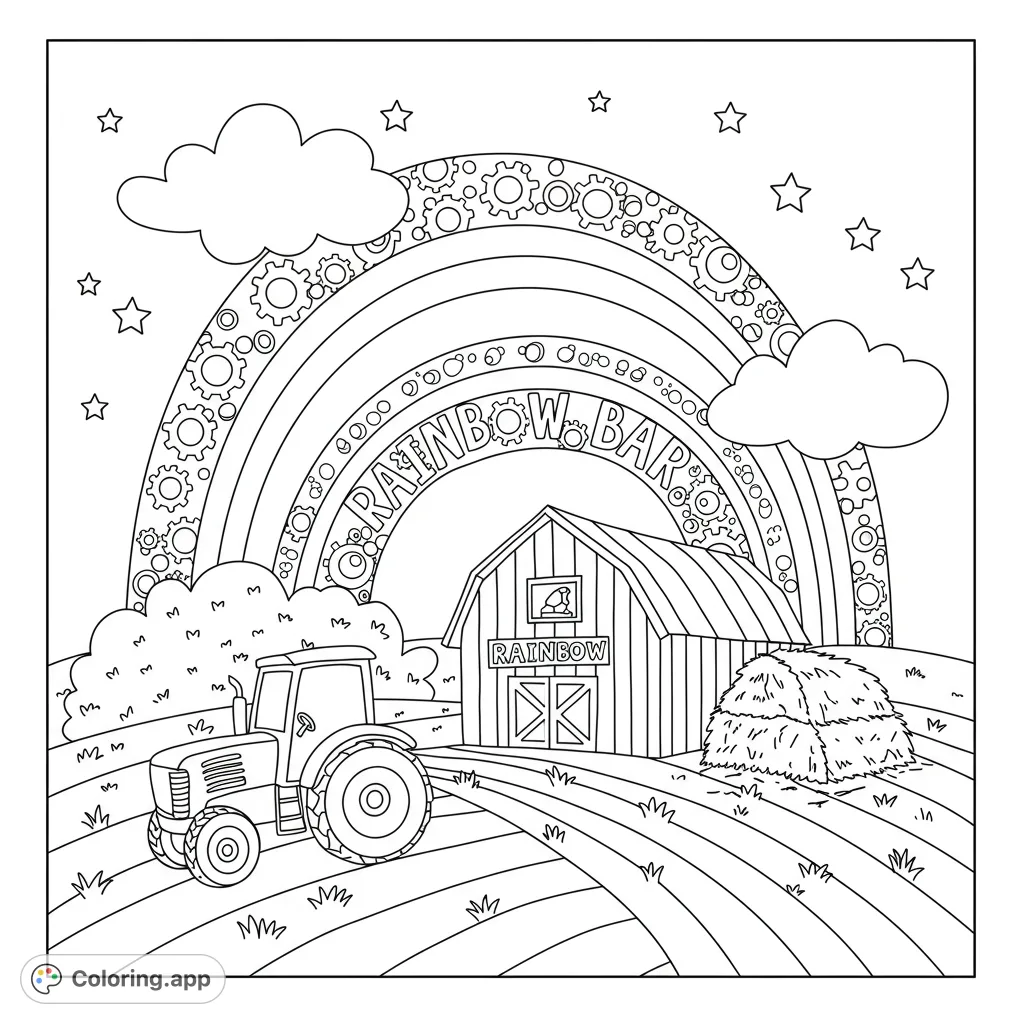 A charming farm scene coloring page featuring a tractor, barn, hay bale, and a unique gear-patterned rainbow, perfect for all ages.