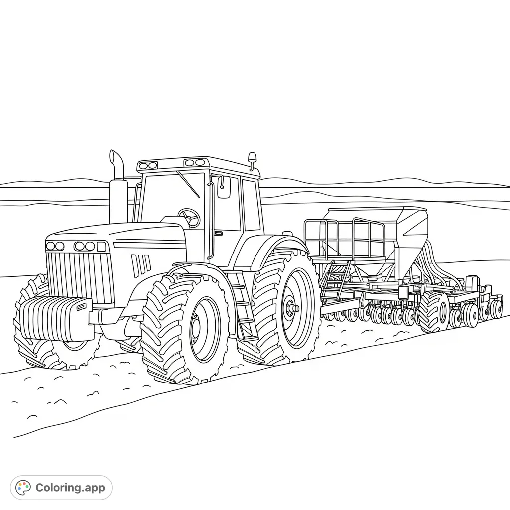A robust farm tractor pulls a seed drill across a vast, open field, ready for planting, with simplified details for a balanced coloring experience.
