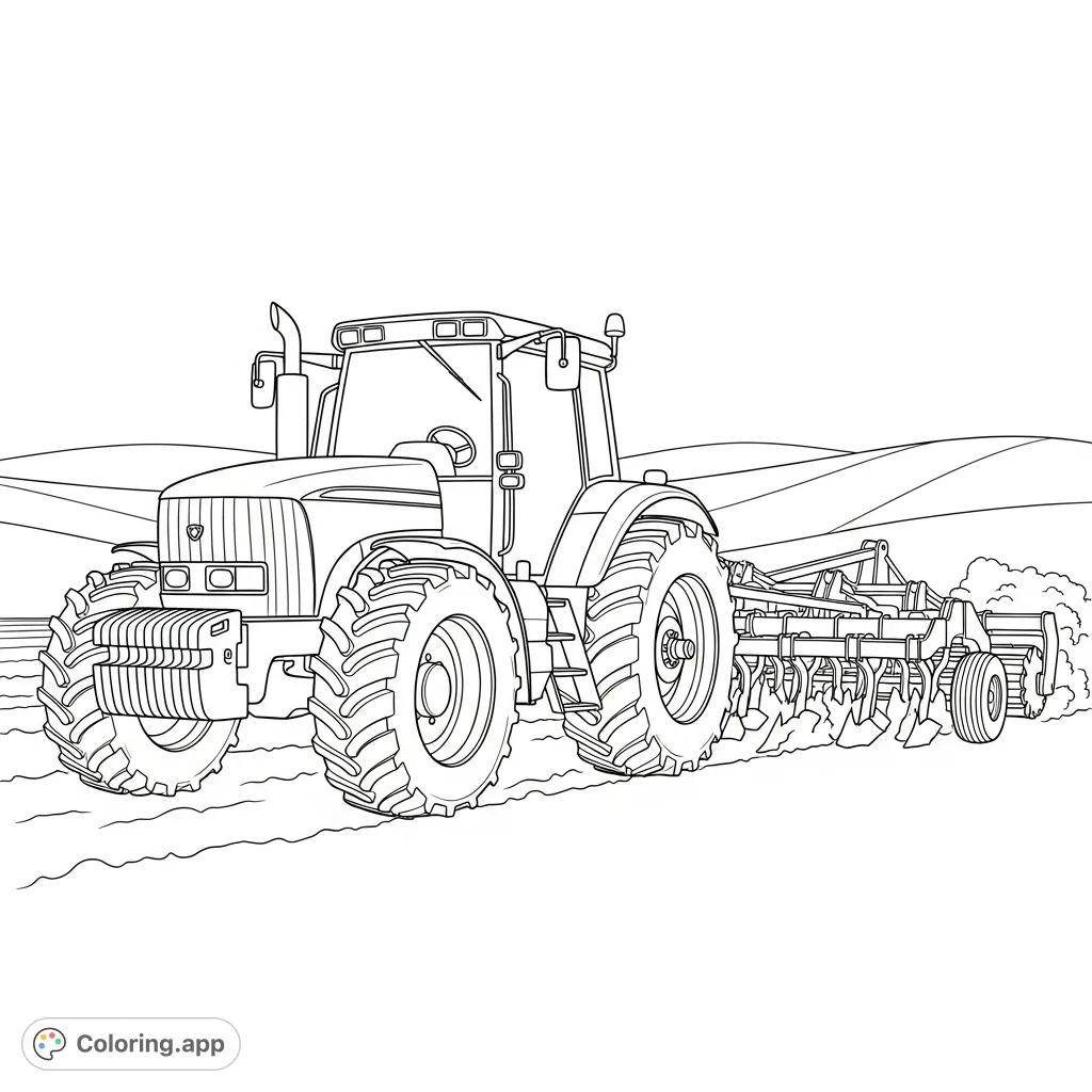 A classic farm tractor works the land, pulling a simplified cultivator through vast fields. Rolling hills frame the agricultural scene, inviting a rustic coloring adventure.