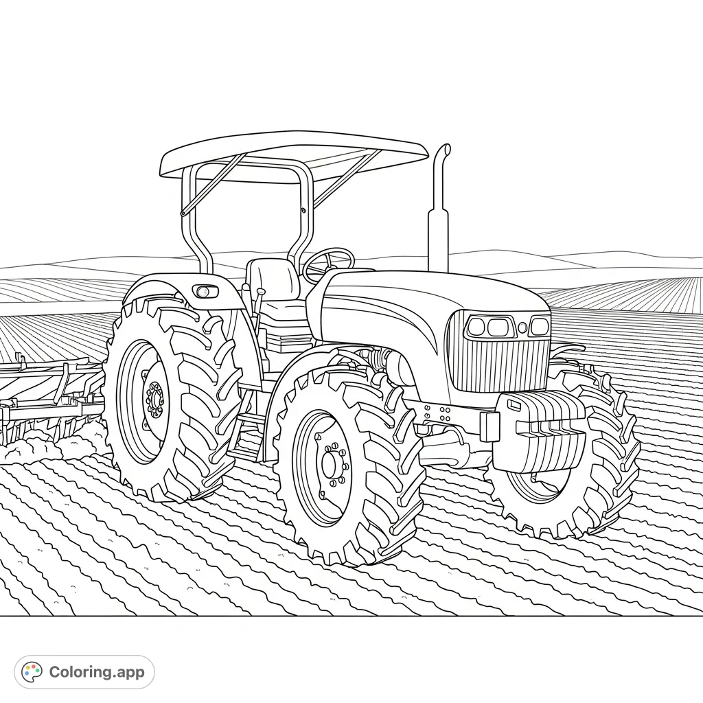 Color a detailed farm tractor with a canopy roof, parked in a freshly plowed field with clean, distinct furrows. An expansive agricultural scene awaits your artistic touch.
