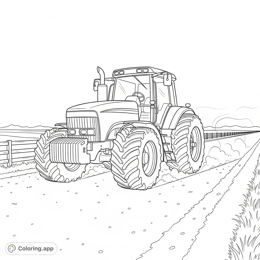 Color a robust farm tractor traversing a gravel road, leaving a subtle trail of dust. A classic rural scene awaiting your creative touch.