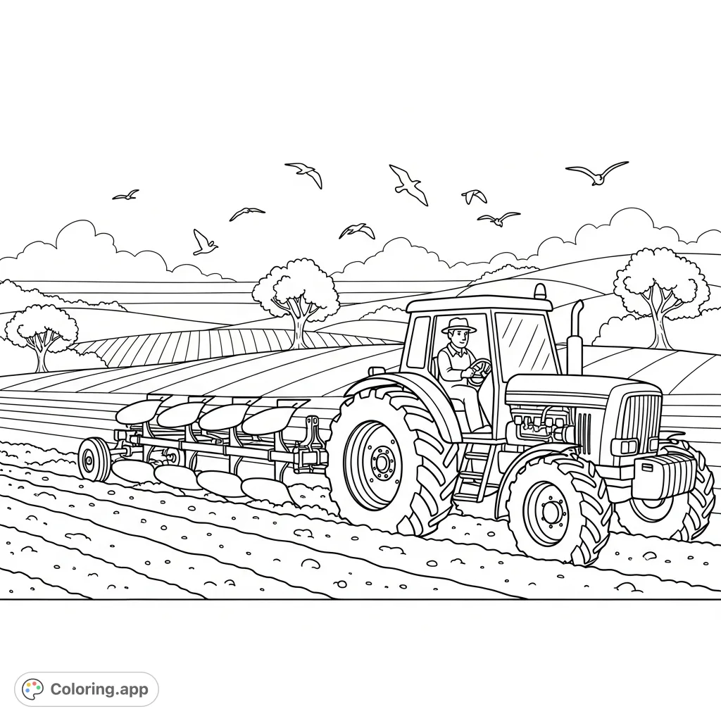 A detailed farm tractor pulls a plow through rows, with a farmer at the wheel and rolling hills in the background. A classic agricultural scene.