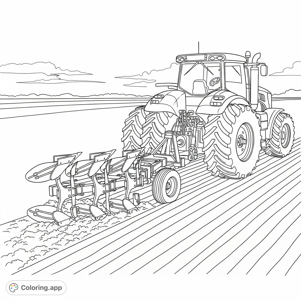 A powerful farm tractor with a multi-blade plow carves intricate, parallel furrows into rich soil, depicting an essential agricultural scene.