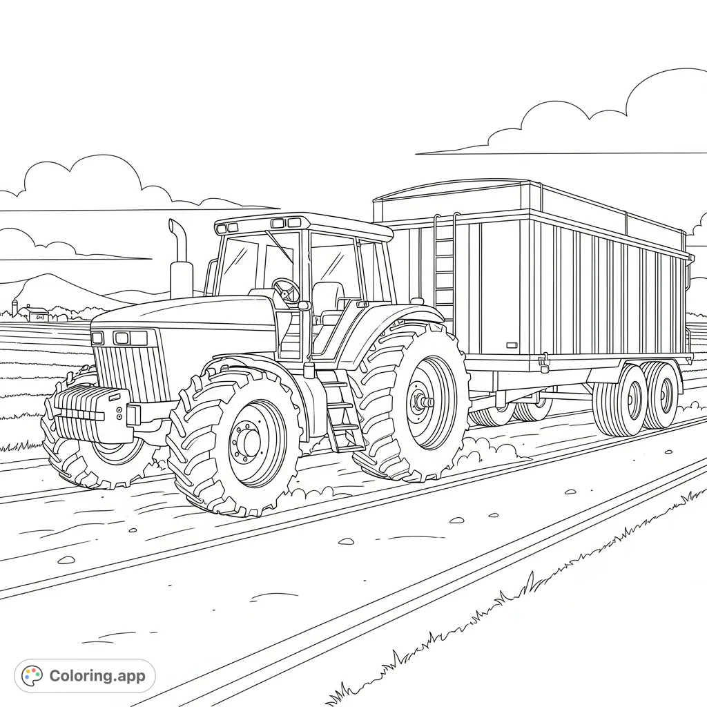 A powerful farm tractor hauls a large, simplified grain trailer down a farm road, with fields and farm buildings in the background. Perfect for all ages.