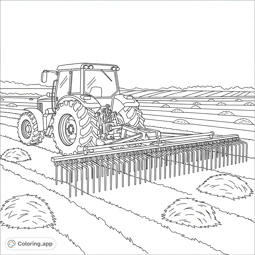 A classic farm tractor diligently pulls a hay rake across an expansive agricultural field, featuring simplified rake tines for an engaging coloring experience.