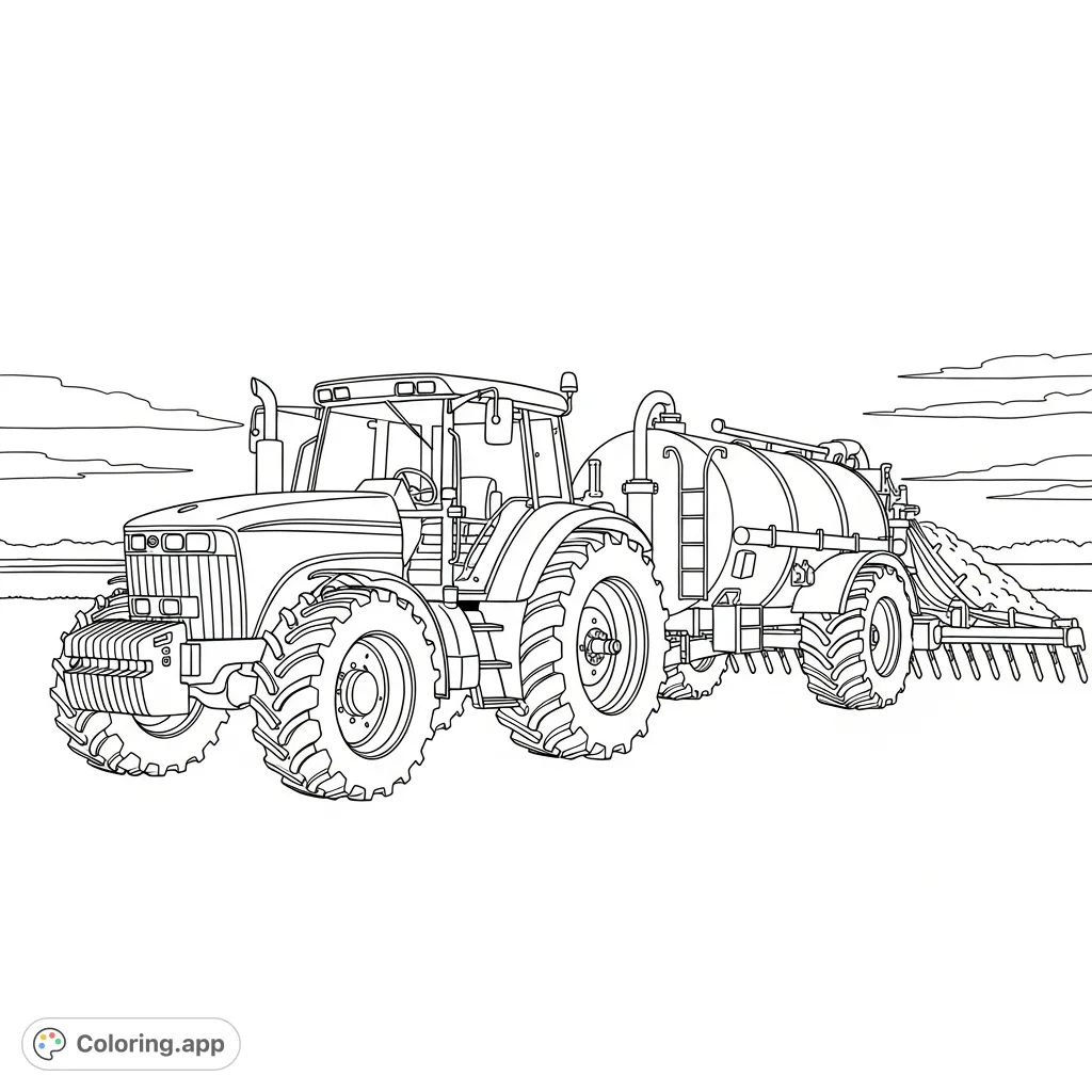 A detailed coloring page featuring a powerful farm tractor towing a manure spreader across an open field, with a simplified distribution pattern at the rear.