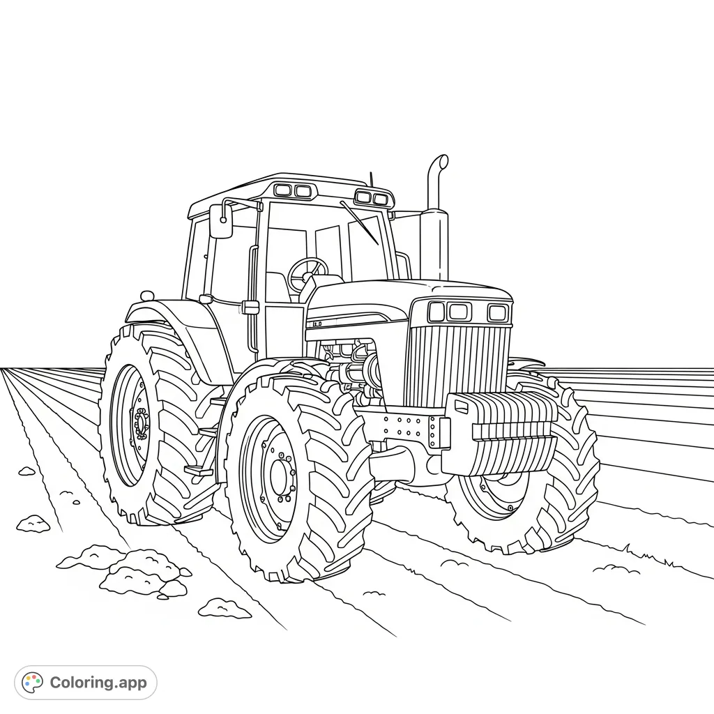 Explore a detailed farm tractor, featuring narrow-row tires in a field with simple crop lines. Perfect for enthusiasts of agriculture and machinery.