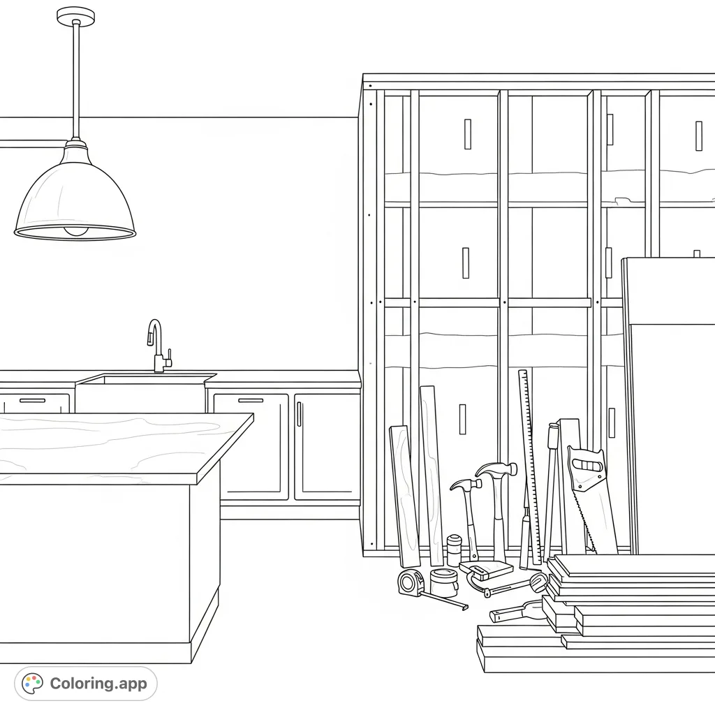 Explore a detailed farmhouse kitchen renovation coloring page, contrasting finished countertops and a sink with an exposed wall of studs and construction tools.