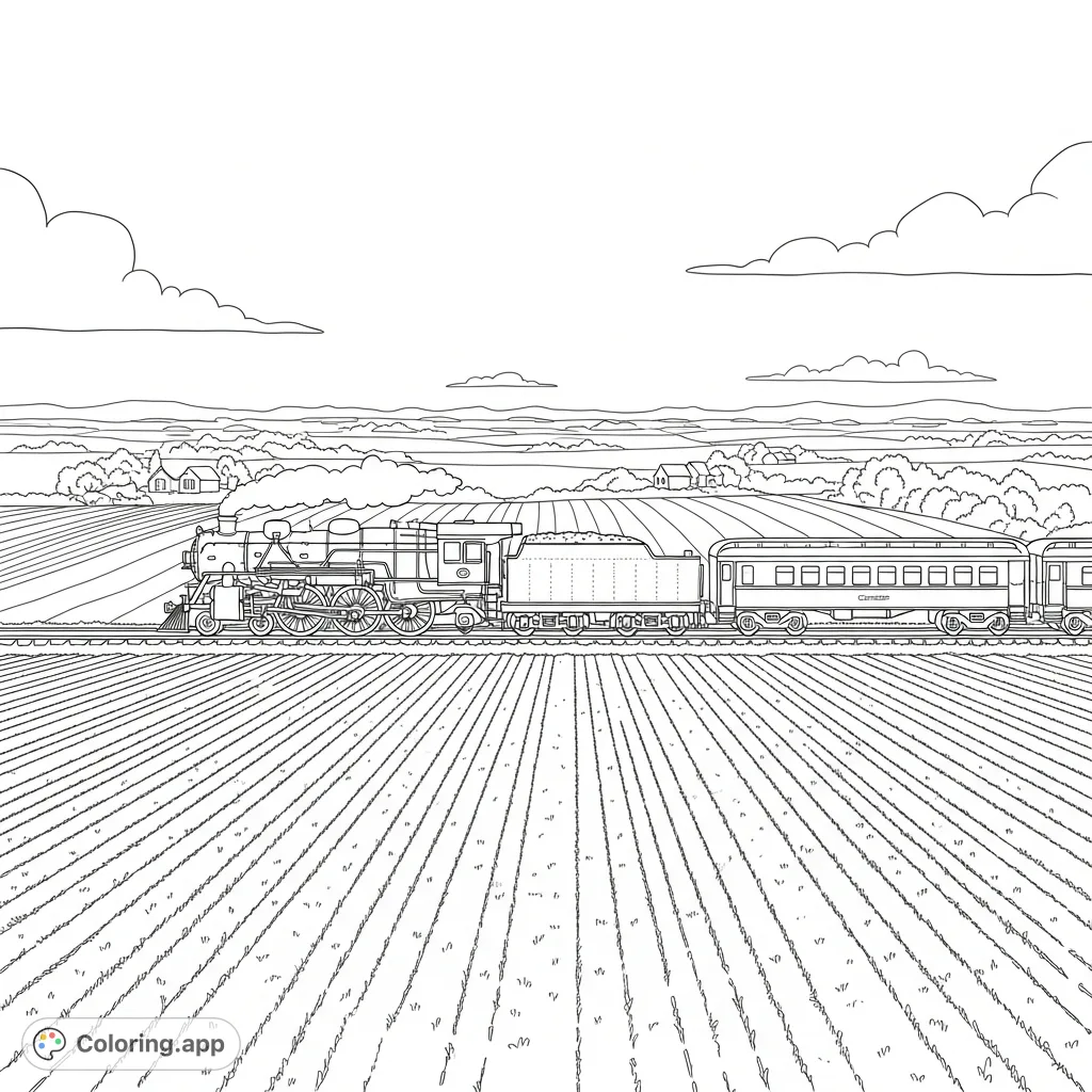 Color a classic steam train journeying across vast, flat farmlands with rows of crops, distant farmhouses, and a wide-open sky. Perfect for all ages.