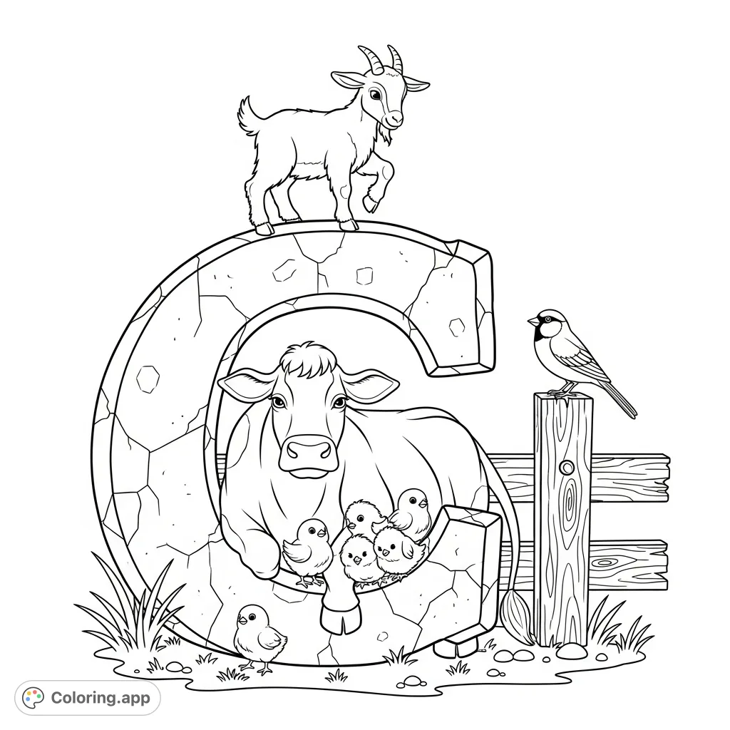 Explore a whimsical farmyard where a playful goat, a resting cow, and huddling chicks interact with a sturdy letter C. Perfect for kids!