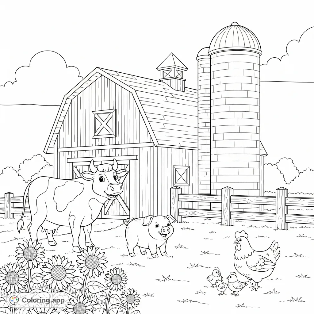 Discover a charming farmyard scene featuring a prominent barn, a tall silo, and a gathering of friendly farm animals: a cow, a pig, and a hen with her chicks.