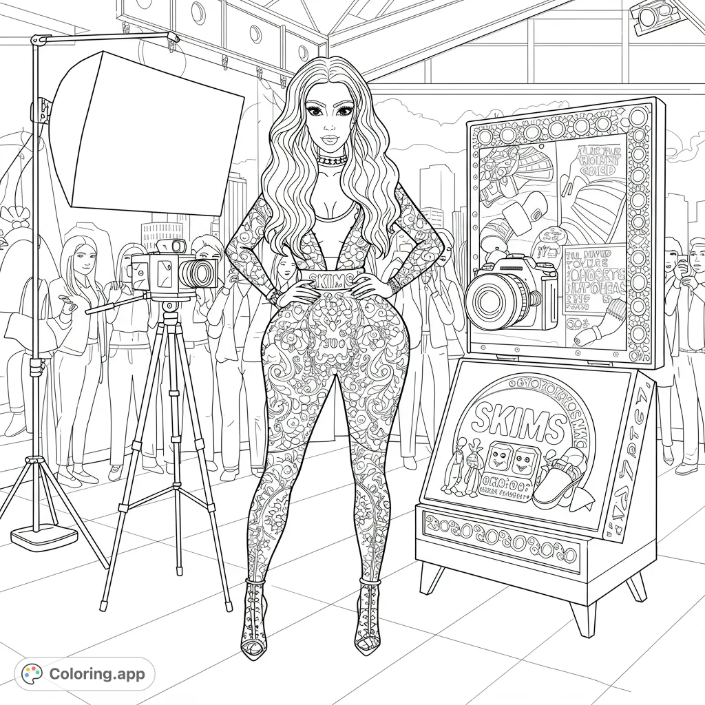 A glamorous celebrity in a patterned jumpsuit at a bustling fashion launch event, surrounded by cameras and displays. Perfect for fashion enthusiasts.
