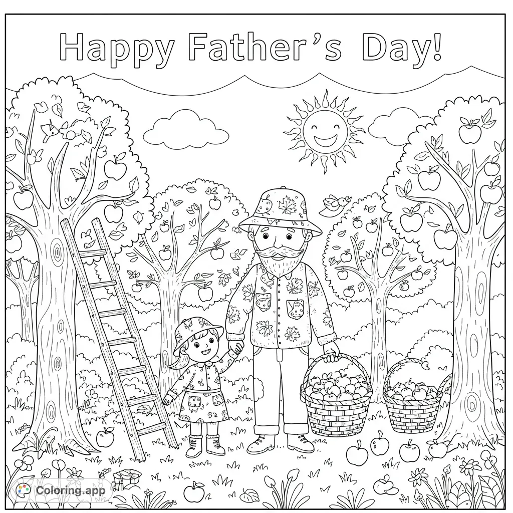 Celebrate family bonds with this heartwarming apple orchard coloring page featuring a father and child, perfect for all ages.