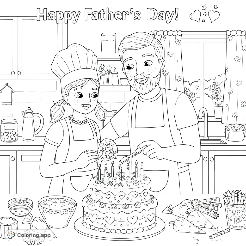 A heartwarming scene of a father and daughter baking a special two-tier cake in their kitchen, surrounded by baking tools.