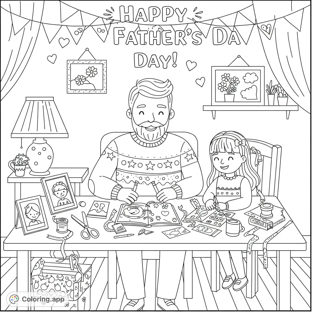 A heartwarming Father's Day scene with a dad and daughter crafting together, surrounded by festive decorations and supplies. Perfect for family fun!