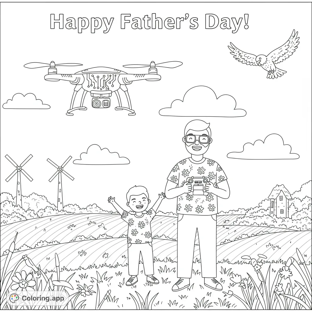 Father and son enjoy a sunny day flying a drone in a scenic rural landscape with fields, wind turbines, and a flying bird.
