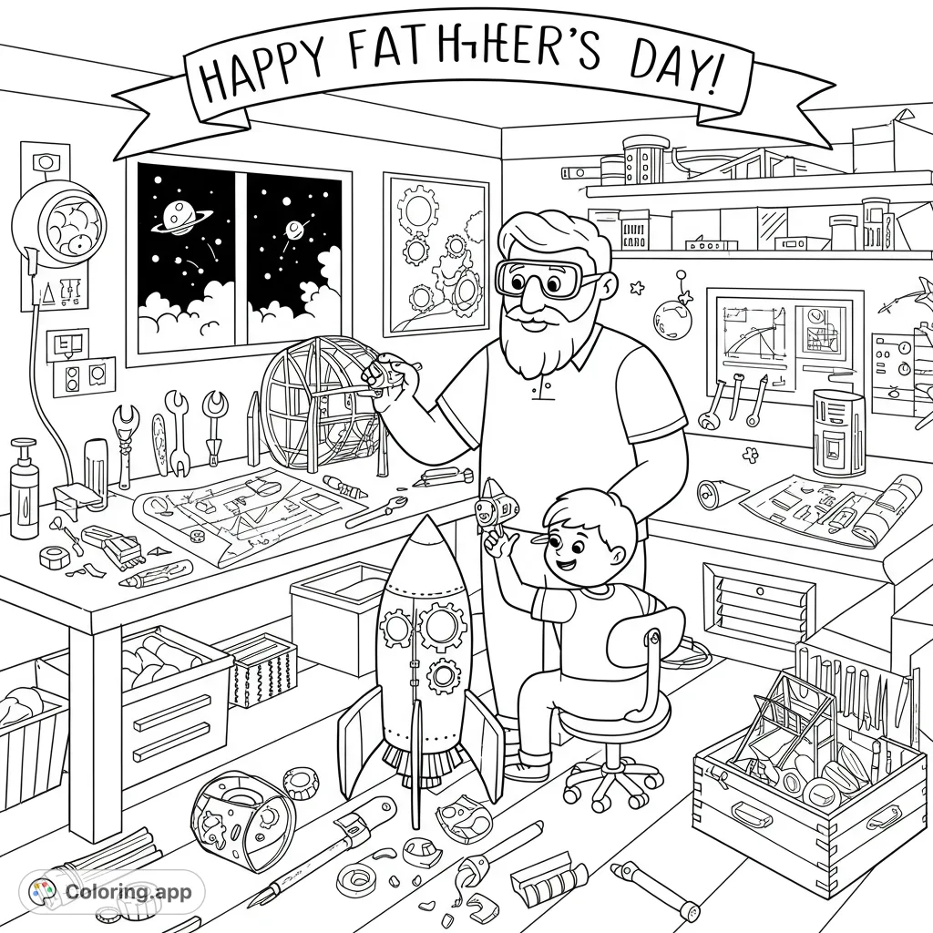 Celebrate Father's Day with this free printable workshop coloring page! A dad and son build a rocket, perfect for kids and adults. Explore a detailed science-themed scene.