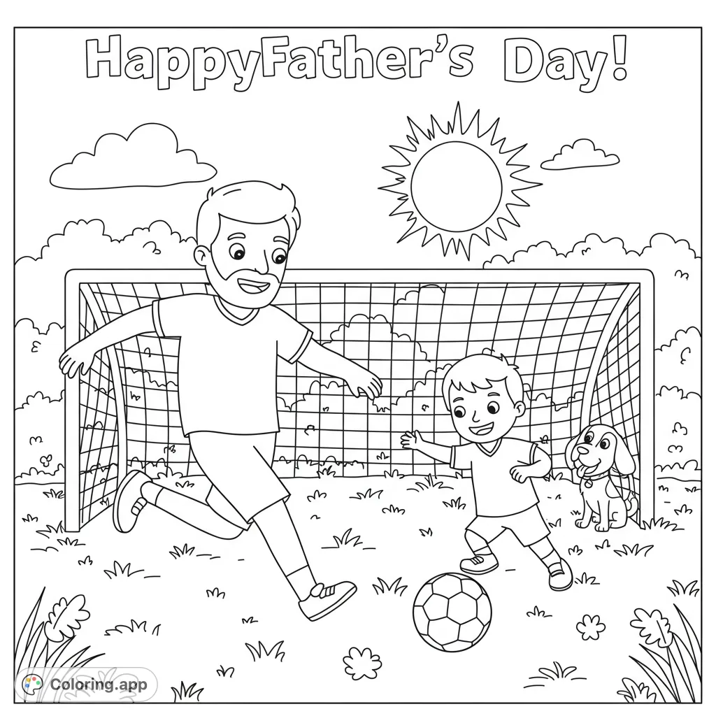A heartwarming father and son soccer game with their dog on a sunny day, perfect for a free printable family fun coloring page.