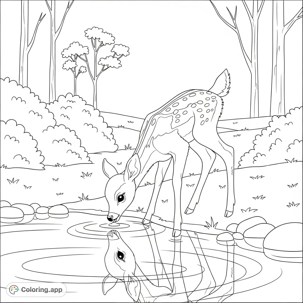 A tranquil scene featuring a delicate deer fawn gently drinking from a small pond, with soft reflections and a peaceful meadow background. Perfect for relaxation.