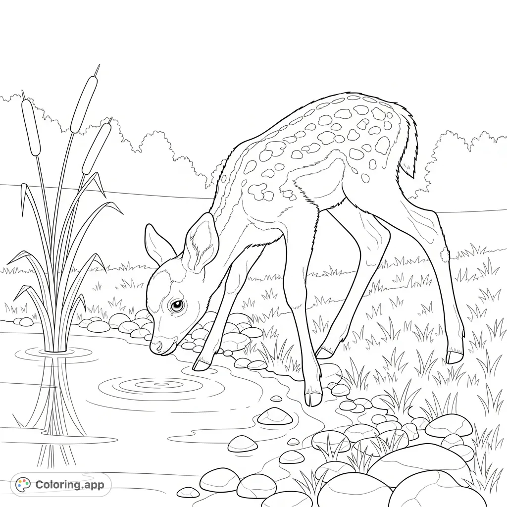 A peaceful coloring page featuring a delicate fawn bending to drink from a calm, shallow pond, surrounded by subtle natural elements like reeds and distant trees.