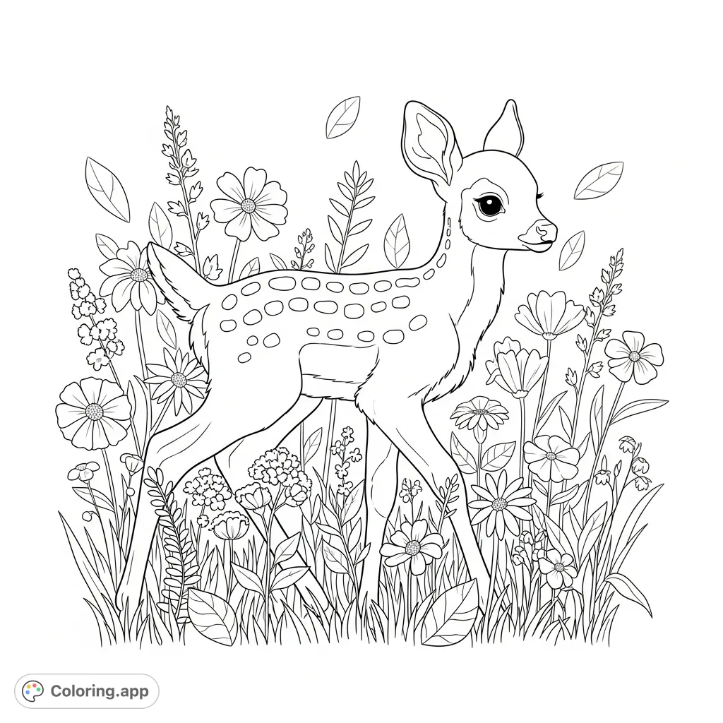 A charming fawn with simplified spots navigates a lush meadow brimming with tall, varied wildflowers, offering a delightful nature scene to color.