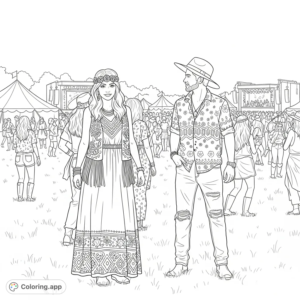 Immerse yourself in a lively music festival scene! Friends in detailed attire, distant stages, and dancing crowds await your creative touch.