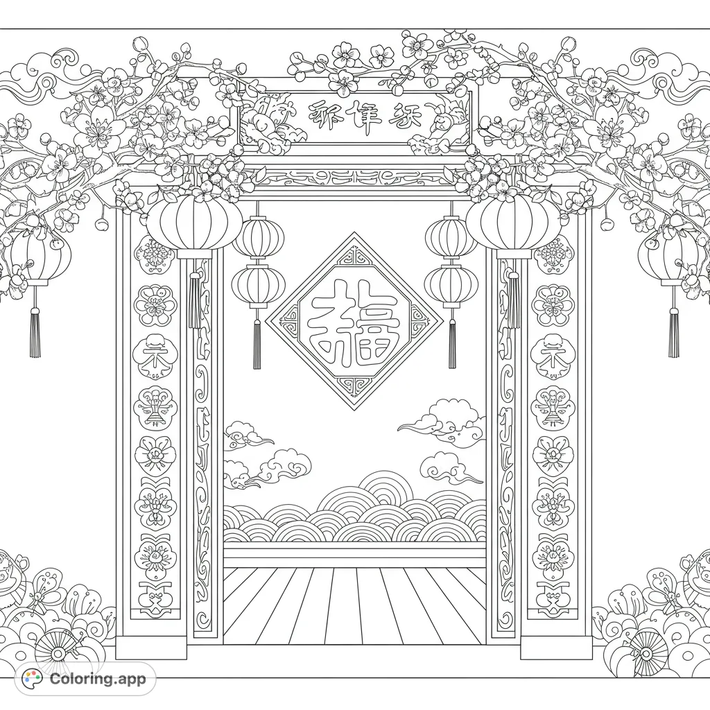 An intricate Chinese archway adorned with cherry blossoms, lanterns, and a central emblem, perfect for a festive coloring experience.