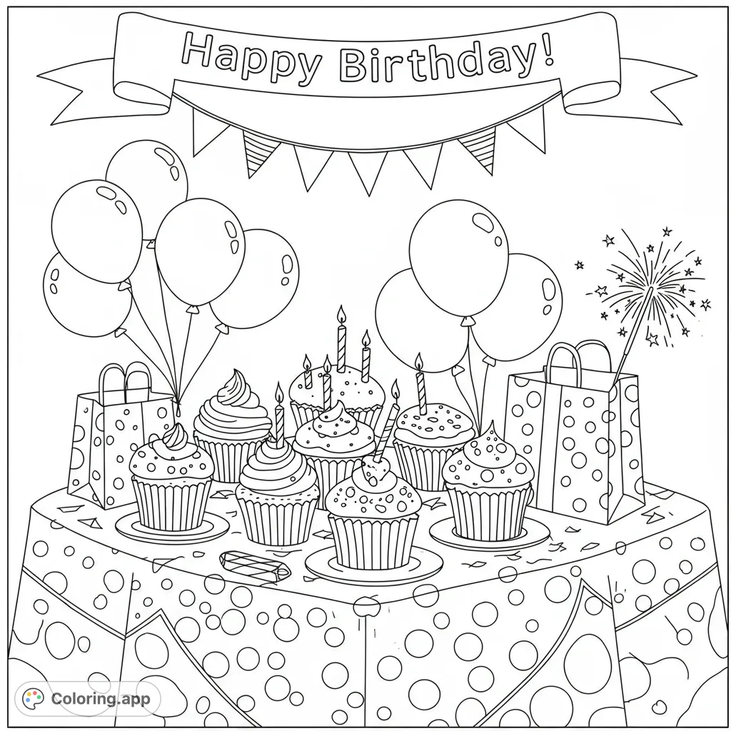A delightful birthday party scene featuring festive cupcakes, balloons, and gifts on a polka-dotted table, perfect for celebration coloring.