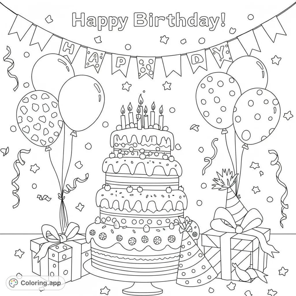 A delightful birthday celebration scene featuring a grand tiered cake, festive balloons, and wrapped gifts, perfect for a joyous coloring experience.