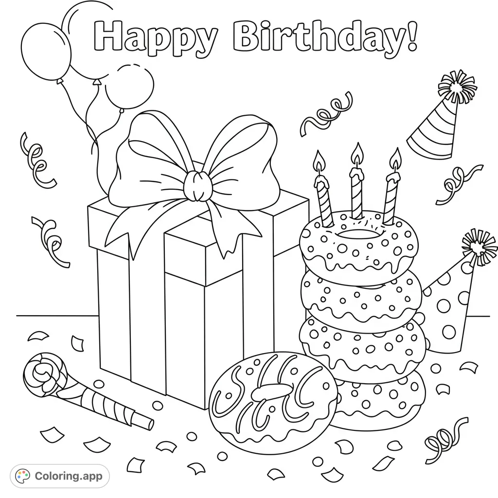 A festive birthday scene featuring a large gift box with a bow, a stack of donuts with candles, balloons, party hats, and scattered confetti.