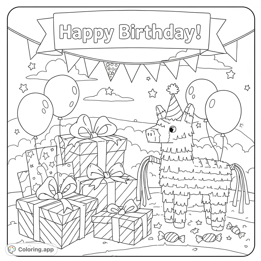A festive birthday party scene featuring a fun piñata, a stack of wrapped gifts, balloons, and a "Happy Birthday!" banner, perfect for celebration.