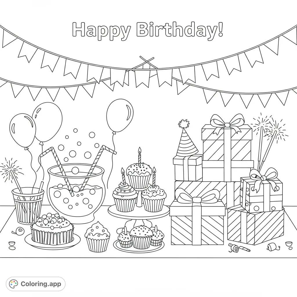 A delightful birthday party scene with cupcakes, gifts, balloons, and festive decorations, perfect for a joyful coloring experience. Free printable birthday party coloring page.