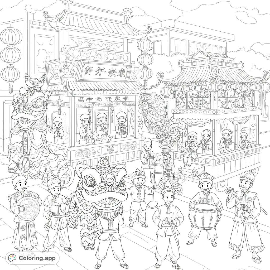 Immerse yourself in a vibrant Chinese New Year celebration coloring page, featuring lively lion dances, traditional costumes, and ornate lanterns.