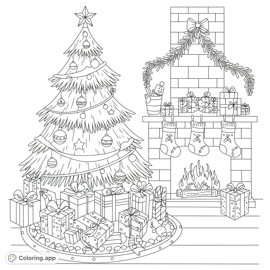 A festive Christmas scene featuring a beautifully decorated tree laden with presents and a cozy fireplace adorned with stockings and garland.