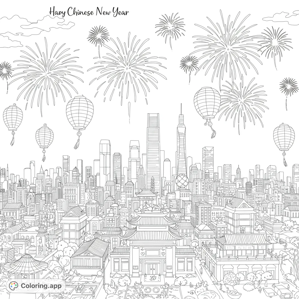 Intricate Chinese New Year cityscape coloring page with traditional temples, modern skyscrapers, festive fireworks, and lanterns. Free printable.