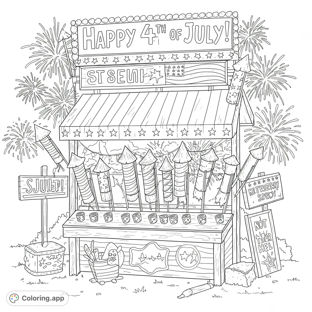 A festive 4th of July fireworks stand coloring page, featuring rockets, decorative banners, and exploding fireworks. Perfect for patriotic fun!