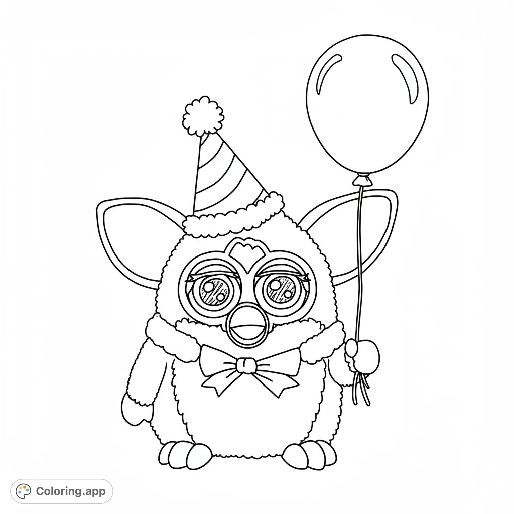A cute, fluffy creature in a party hat and bow tie, holding a balloon, ready for a celebration. A free printable party creature coloring page for fun!