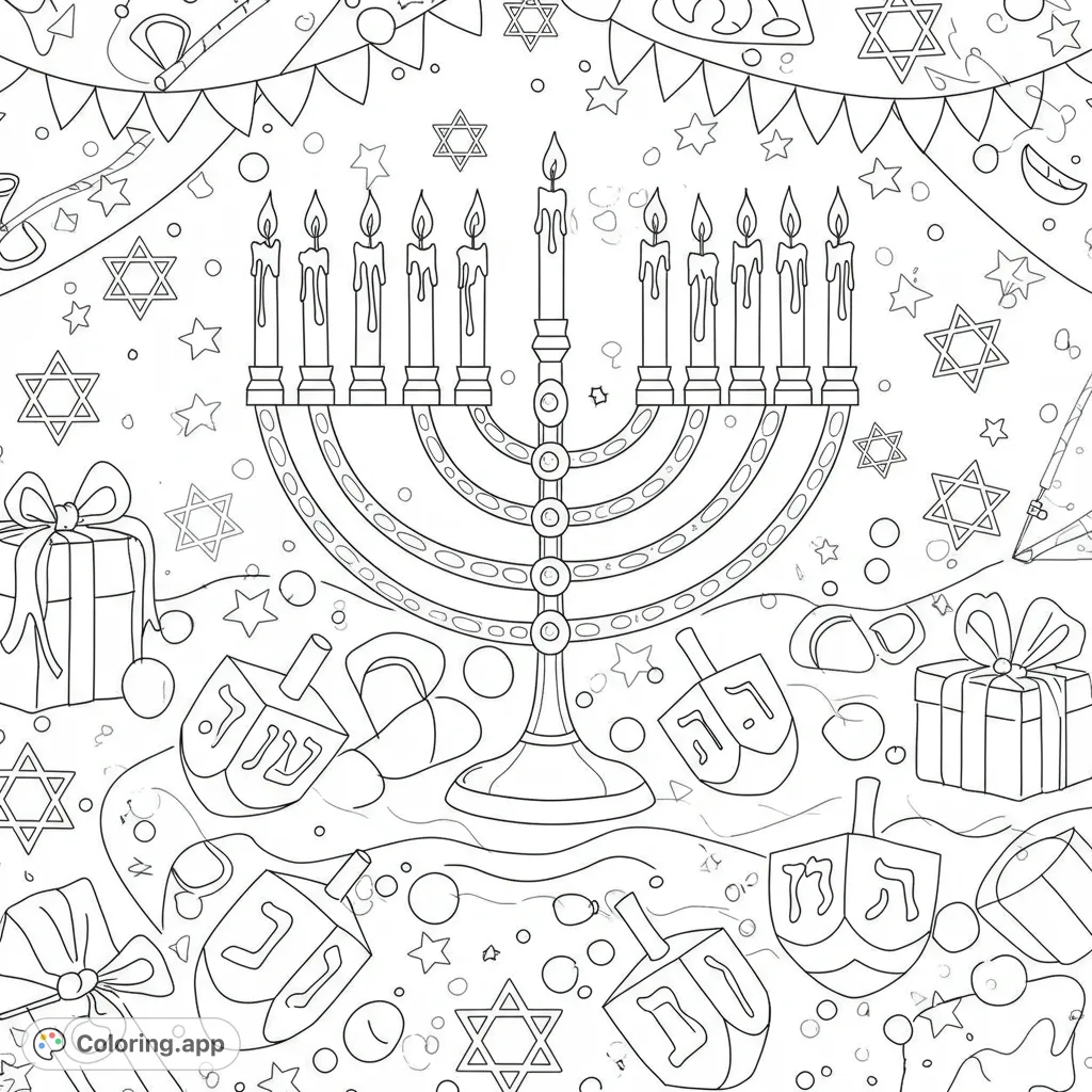 Celebrate Hanukkah with this festive coloring page featuring a grand menorah, dreidels, gifts, and Stars of David, perfect for all ages.